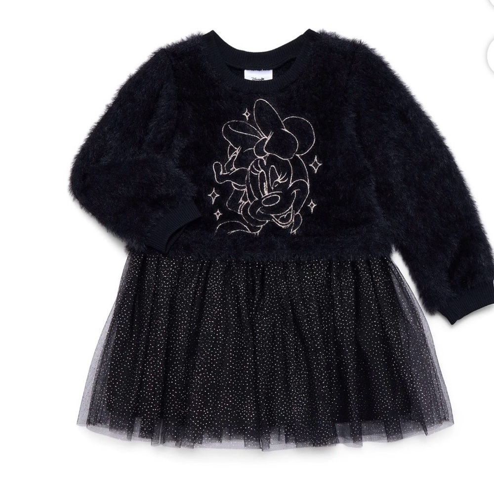 Disney Black Fuzzy Dress with Minnie Mouse Embroidery